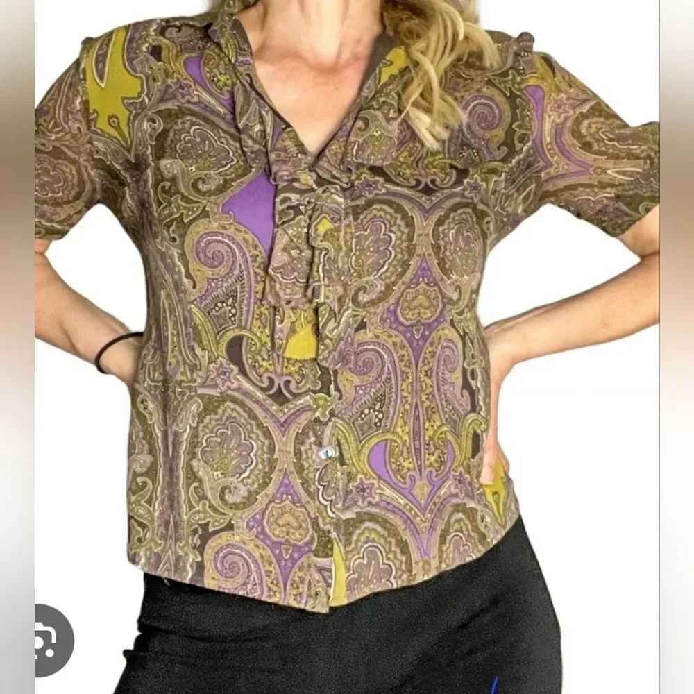 Jones New York 12 Brown Purple 100% SILK Ruffles Parsley Buttons Up Women Blouse
